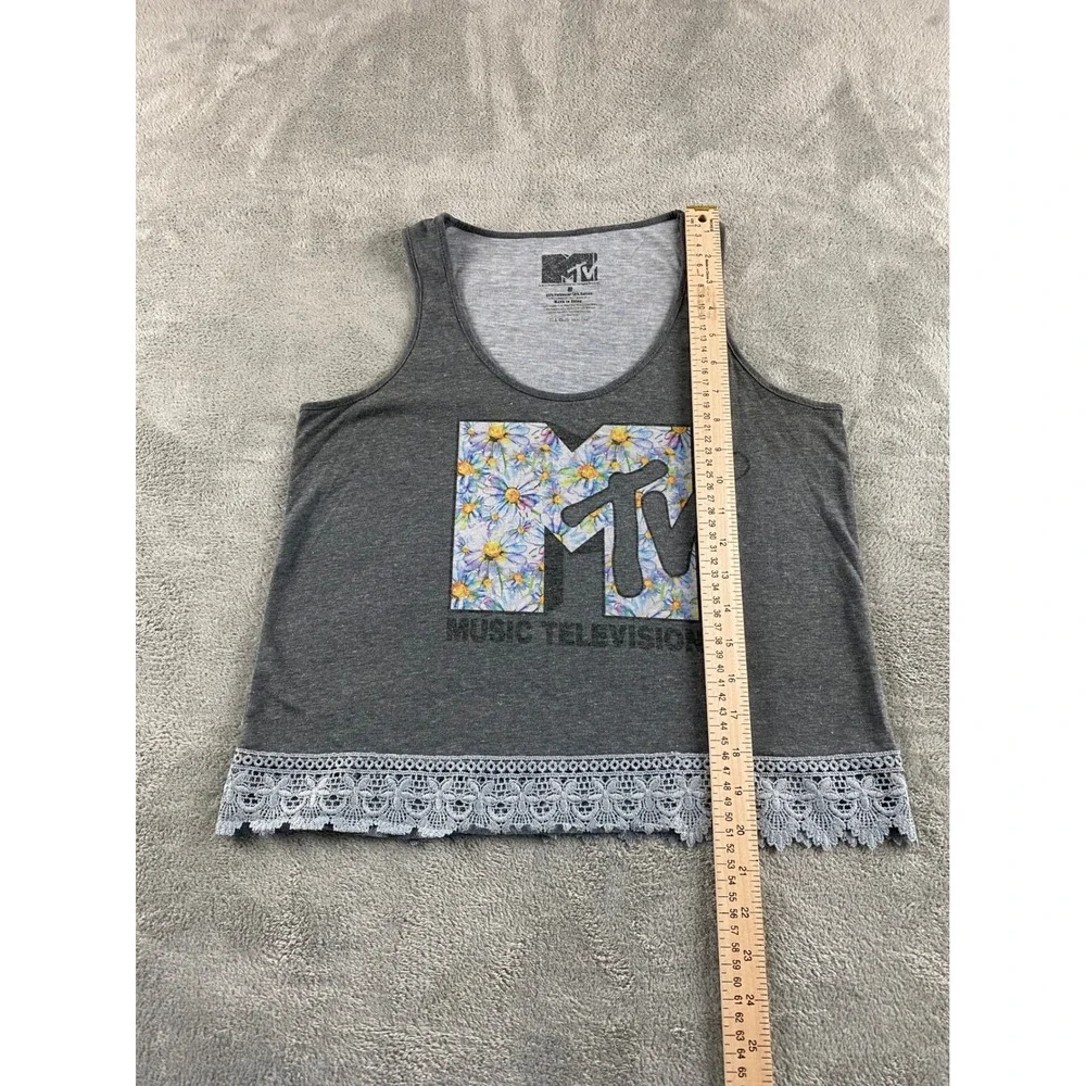MTV Music Television Floral Logo Graphic Tank Top Grey Lace Trim Womens Medium - Picture 6 of 9